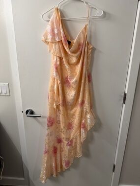 Boohoo Peach Floral Asymmetrical Slip Dress with Ruffle